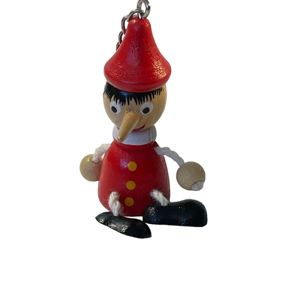 Pinocchio w/ Chain Toy Figure Doll Wood Puppet Keyring Christmas Ornament VTG